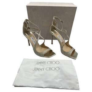 Jimmy Choo Azia 95 Ankle Strap Glitter Heels Sandals Platinum Ice Size 40 US 10